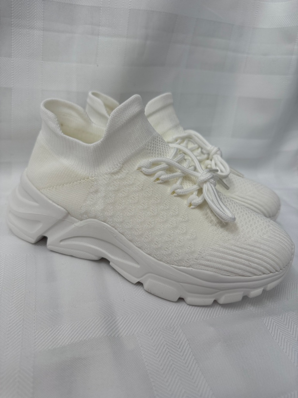 Women's White and Ivory/Cream Knit Slip-On Sneakers - Picture 3 of 12